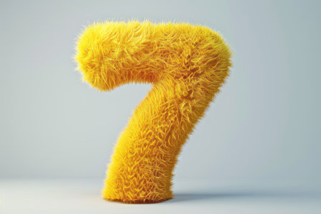 Cute yellow number 7 or seven as fur shape, short hair, white background, 3D illusion, storybook style.の素材