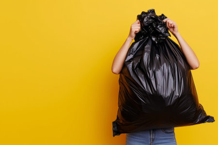 Woman holding plastic black bag full of garbage on light yellow background, close-up.の素材