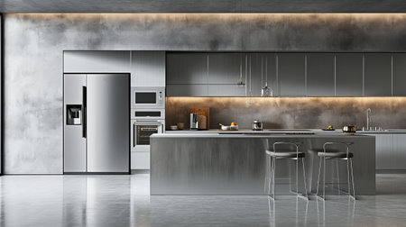 Modern metallic kitchen with smart appliances.の素材