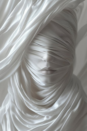 White fabric draped over woman face, dramatic lighting, highly detailed, cinematic.の素材