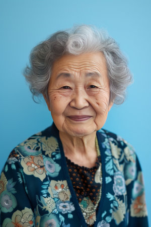 Smiling elderly Japanese woman on pale blue color background.の素材