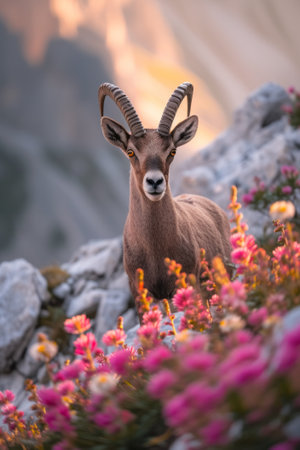 Alpine ibex (Capra ibex) also known as steinbock with long beak. The animal is standing in the middle of the flower-covered dolomites. The animal is illuminated from behind by the sun.の素材