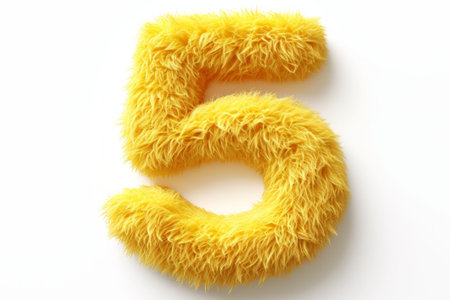 Cute yellow number 5 or five as fur shape, short hair, white background, 3D illusion, storybook style.の素材