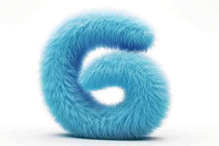 Cute blue number 6 or six as fur shape, short hair, white background, 3D illusion, storybook style.の素材