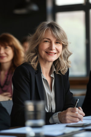Happy mid aged business woman manager at the meeting.の素材
