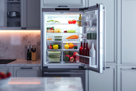 Close-up of image showcasing an opened kitchen fridge.の素材