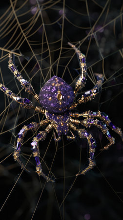 Peacock violet spider made out of amethyst and gold, black background with spiderweb.の素材