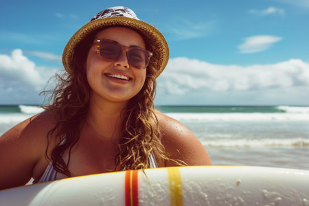 Happy, curvy woman enjoying a summer surfing adventure at the beach, model plus size.の素材