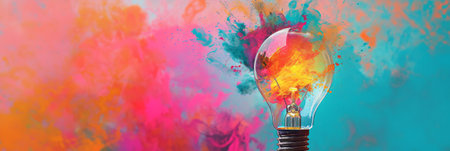 Creative light bulb explodes with colorful paint and colors. New idea, brainstorming concept. Bright banner with splashes.の素材