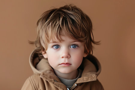 Medium shot portrait photography of a child boy against a light brown background.の素材