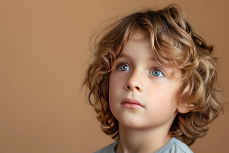 Medium shot portrait photography of a child boy against a light brown background.の素材