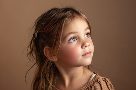 Portrait photography of a child girl against a light brown background.の素材