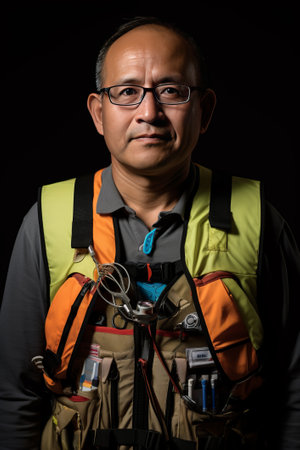 Adult asian mid-aged man wearing vest with lots of pockets. He stands with glasses and looks into the camera.の素材