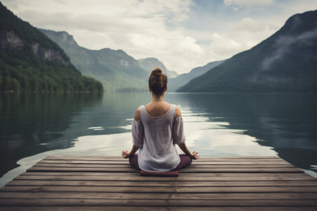 Young woman is meditating on wooden pier.の素材
