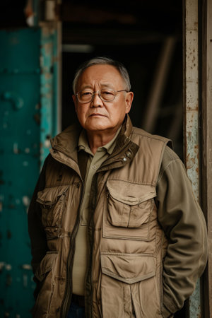 Adult, intelligent, middle-aged man is wearing vest with lots of pockets, his race is asian. He stands with glasses and looks into the camera.の素材
