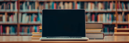 Library desk with books and laptop representing education technology and online learning.の素材