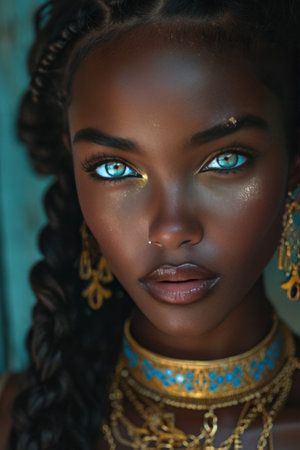 Black model with braids looking beautiful in gold jewelry, blue eyes, in the style of brown and azure, highly realistic, in the style of gothic romance.の素材