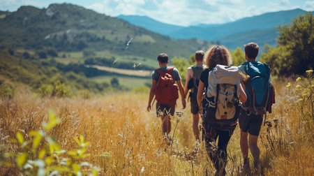 Family or friends hiking together in the mountains in the vacation trip week. Walking in the beautiful nature. Fields and hills with grass, back view.の素材
