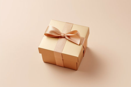 Golden gift box tied with satin ribbon isolated on beige background.の素材