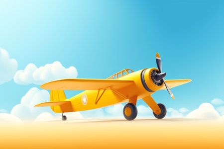 Bright yellow biplane, airplane. The Sky is light blue. Simple layout, simple 3D render.の素材