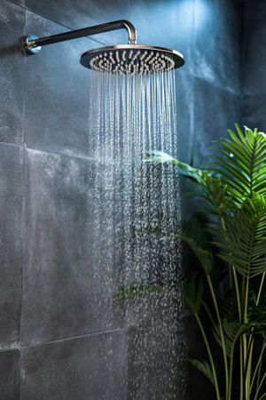 Stylish rain shower head with flowing water in bathroom at daylight.の素材