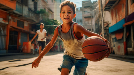 Happy latino boy playing basketball on the streetsの素材