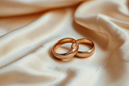 Wedding gold rings on beige silk fabric with copy space.の素材