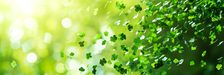 Saint Patrick's Day confetti banner, bright green background, holiday concept of spring, plant clover symbol.の素材