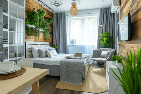 Scandinavian minimalistic style interior of a studio apartment for rent. Living room with sofa and little cosy kitchen.の素材