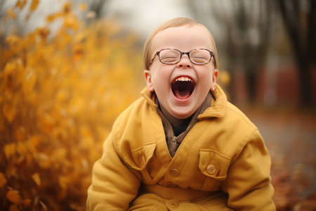 Happy boy with Down syndrome having fun and laughing.の素材