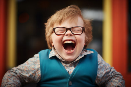 Happy boy with Down syndrome having fun and laughing.の素材