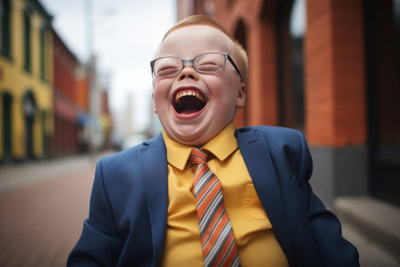 Happy boy with Down syndrome having fun and laughing.の素材