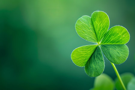 Four-leaf green clover for good luck on St. Patrick's Day, bright green background, holiday concept of spring, plant clover symbol.の素材