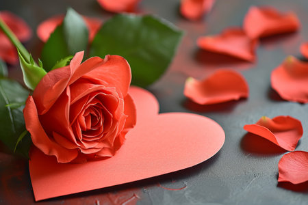Romantic red heart shaped paper card with rose.の素材