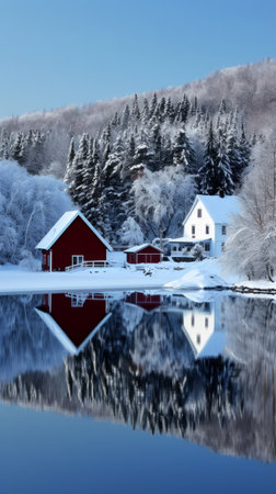 Tranquil winter scene with a clear blue sky. Water is like a mirror reflecting the snow-covered landscape. White house and red barn with dark roof, all surrounded by snow-laden trees and hills.の素材