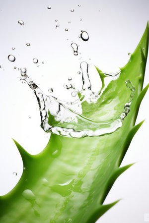 Aloe vera gel dripping over sliced leaves isolated on white background.の素材