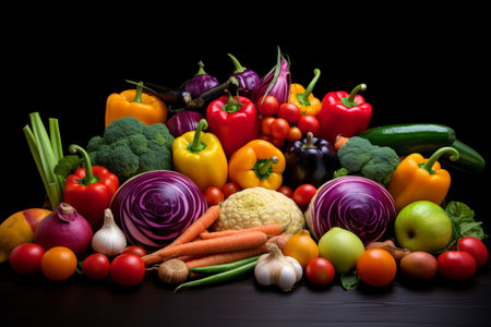 Colorful vegetable set from the kitchen healthy food isolated on black.の素材