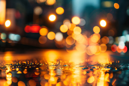 Golden lights of a blurred night city, abstract city life background, wet city reflections glare and bokeh.の素材