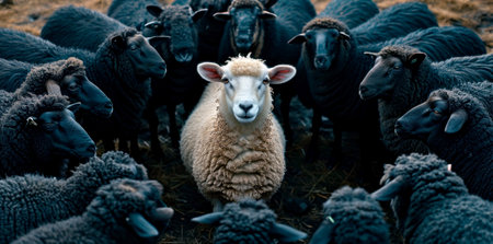 Young white sheep is surrounded by black sheep. Flock of sheep. A white crow, a friend among strangers, a stranger among his own.の素材