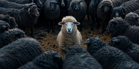 Young white sheep is surrounded by black sheep. Flock of sheep. A white crow, a friend among strangers, a stranger among his own.の素材