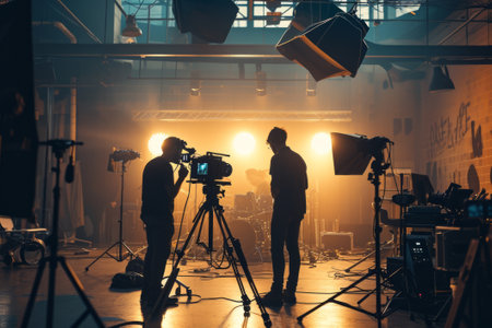 Film crew team with light man and cameraman working together with director in big studio, video production behind the scenes making of TV commercial movie.の素材