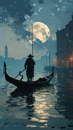 Venetian gondola floating in gentle waters of canal under crescent moon.の素材