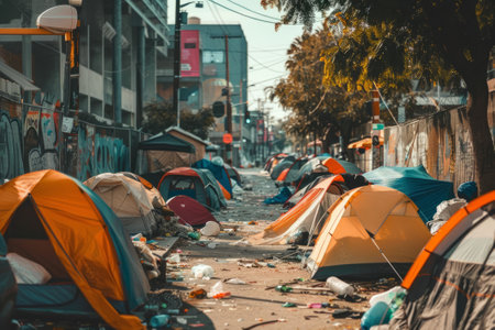 A city with tents and garbage. There are poor homeless people.の素材