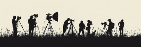 Film crew team with light man and cameraman working together with director in big studio, video production behind the scenes making of TV commercial movie.の素材