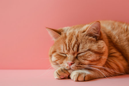 Ginger cat is sleeping. Fluffy red cat against pink background. Banner for website. Relax calm and peace for animal pet cat.の素材