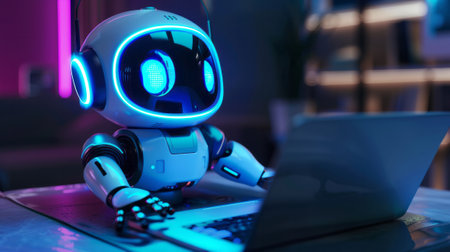 Cute friendly artificial intelligence robot using laptop computer with white neon glow light, light grey background, chatbot and AI assistant concept futuristic technology 3d illustration, banner.の素材