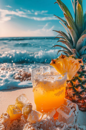 Tropic cocktail close-up, beach background, pineapple. Sea blurred background, vacation. resort.の素材