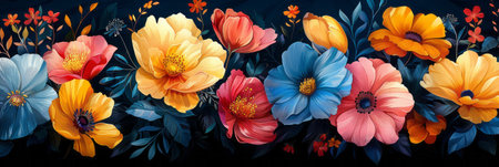 Floral pattern, typographic art, banner on black background.の素材