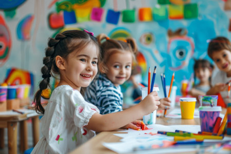 Happy smiling kids doing arts and crafts in day care centre together.の素材