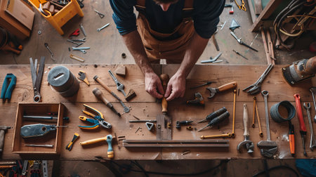 Handyman working on a DIY project with tools and materials on a wooden table.の素材
